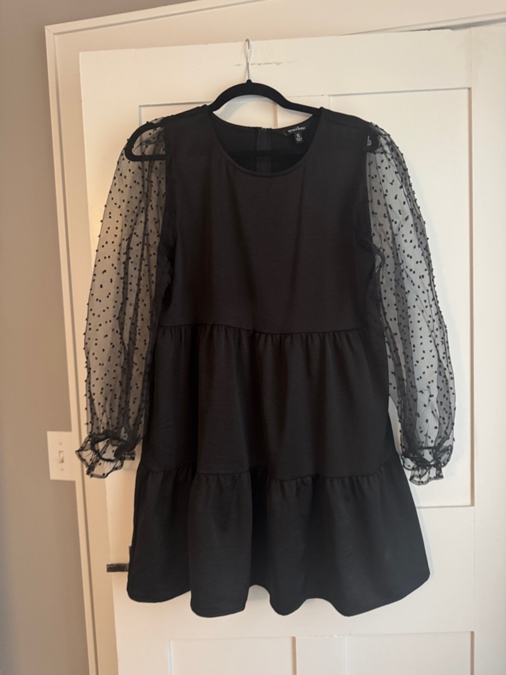 Speechless Black Tiered Dress with Sheer Polka Dot Sleeves